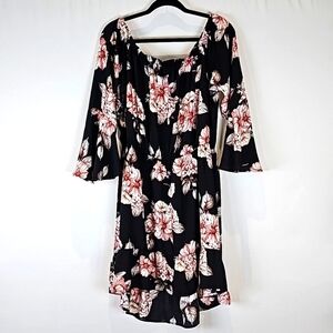 Xhilaration Bold Floral Tropical Bell Sleeve Hi/Lo Ruffle Hem Black Pink…